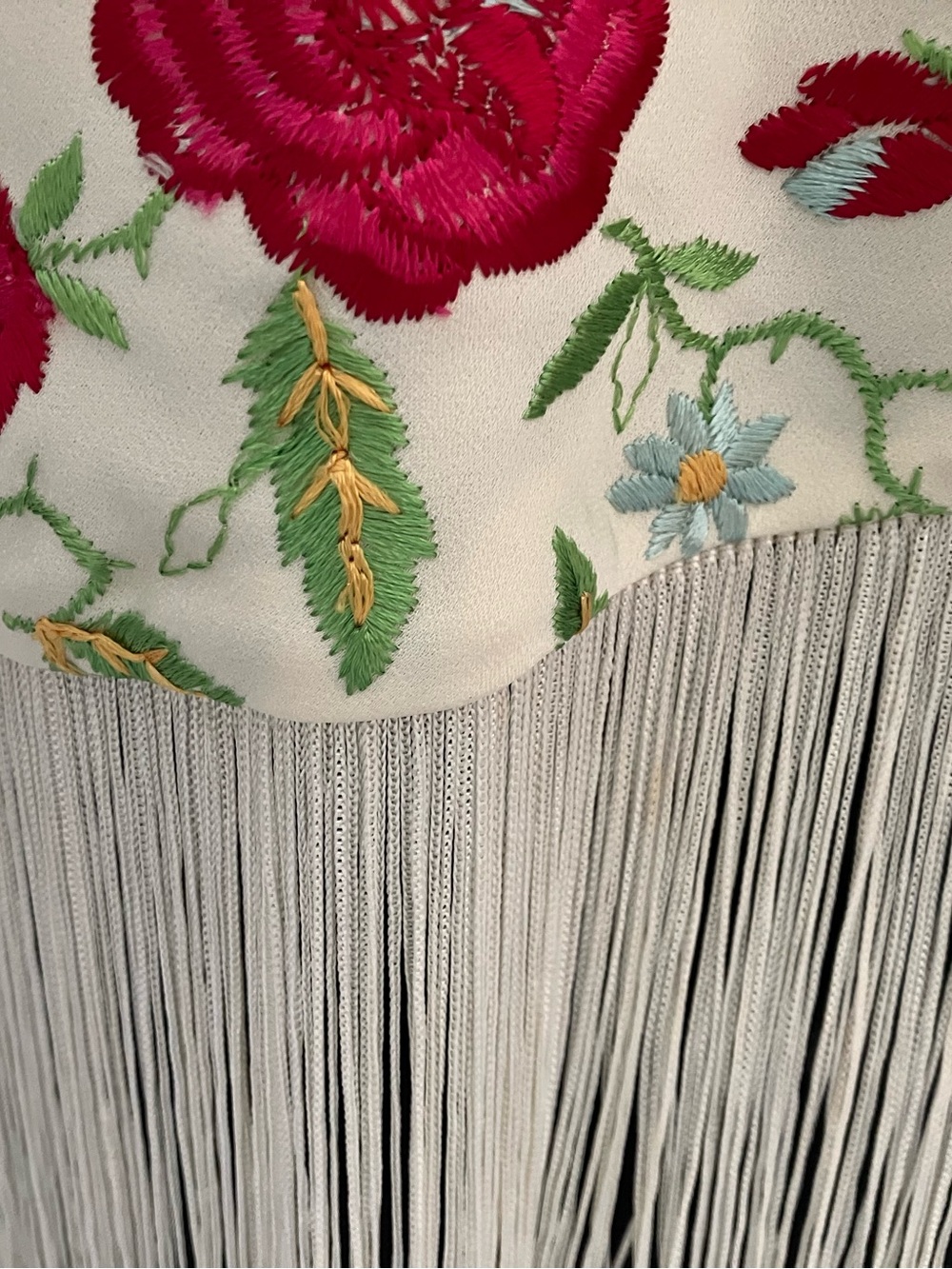Vintage Saks Fifth Avenue Cream Shawl with Pink Rose Embroidery and Fringe - Picture 5 of 7